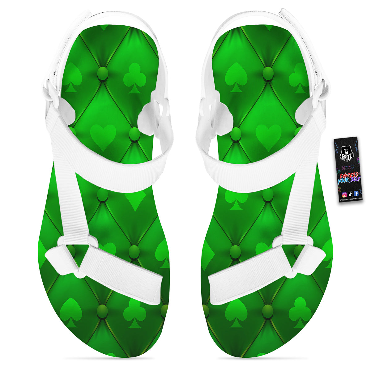 Green Casino Print Pattern White Open Toe Sandals-grizzshop