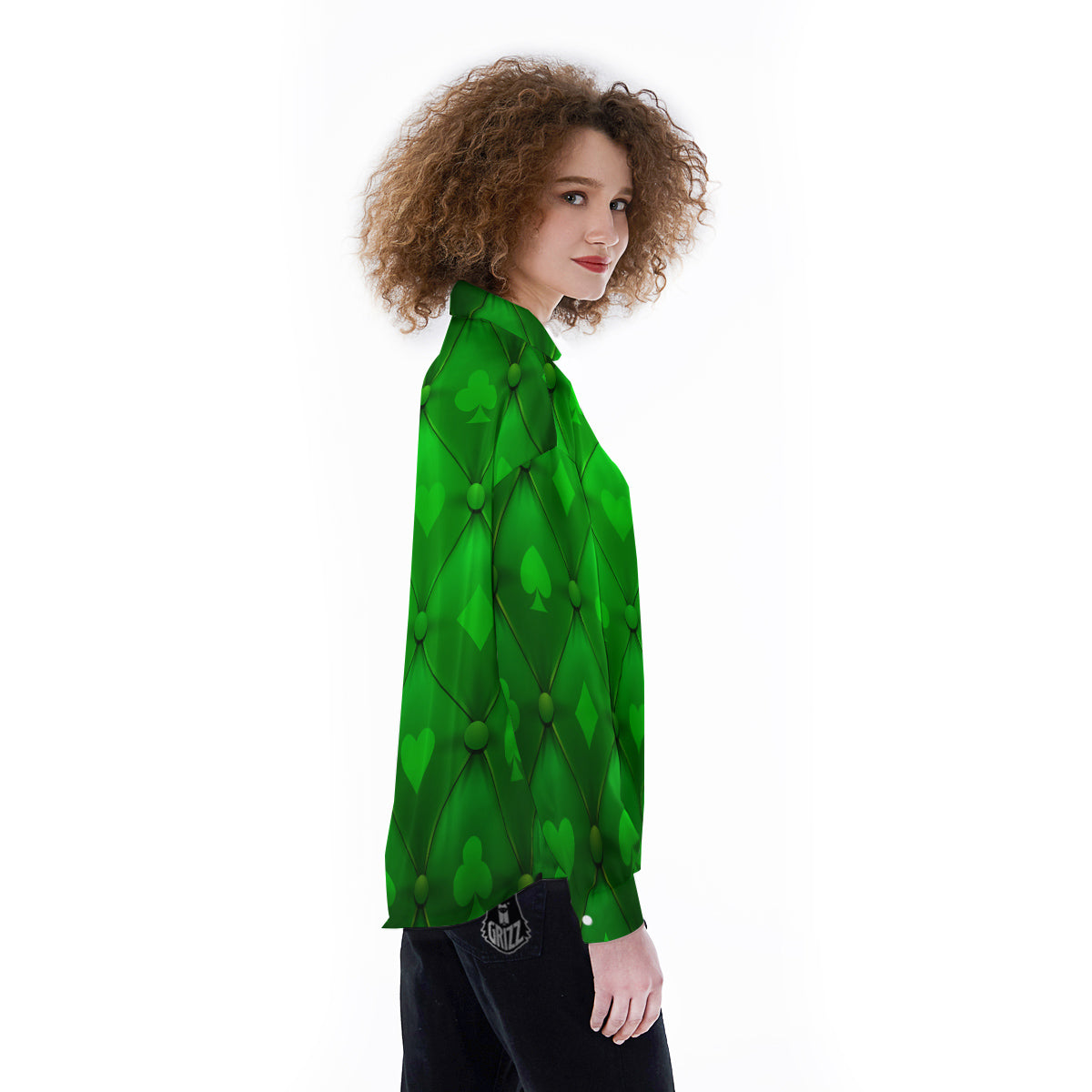 Green Casino Print Pattern Women's Long Sleeve Shirts-grizzshop