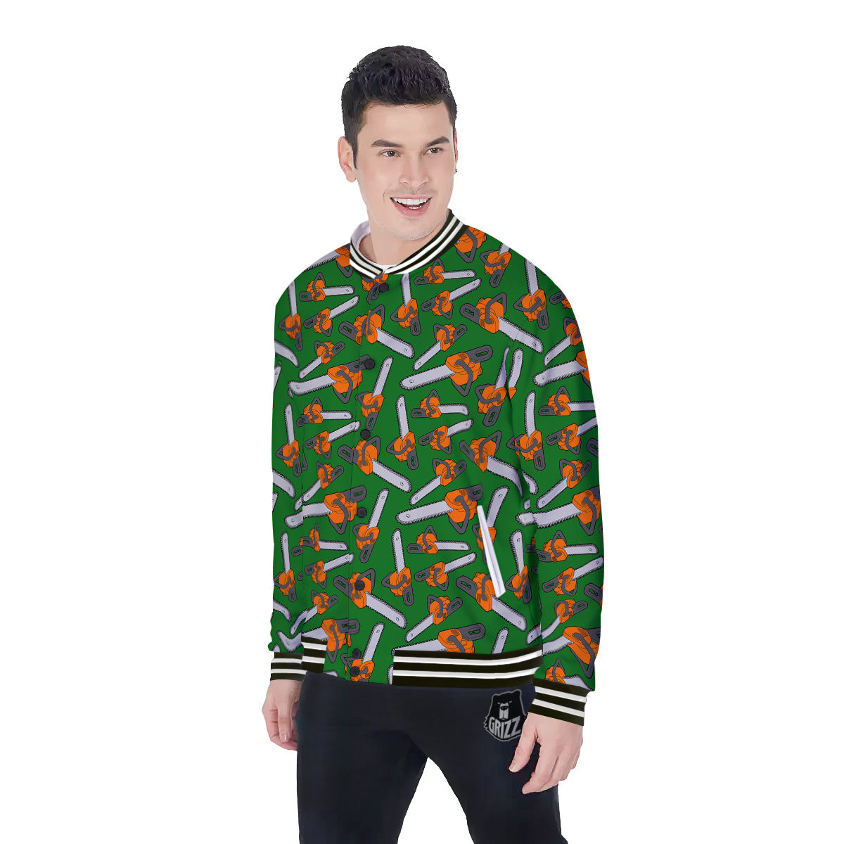 Green Chainsaw Print Pattern Baseball Jacket-grizzshop