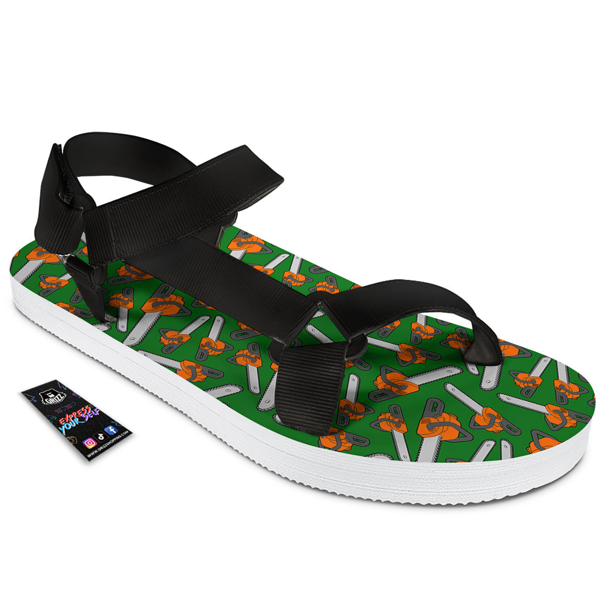 Green Chainsaw Print Pattern Black Open Toe Sandals-grizzshop