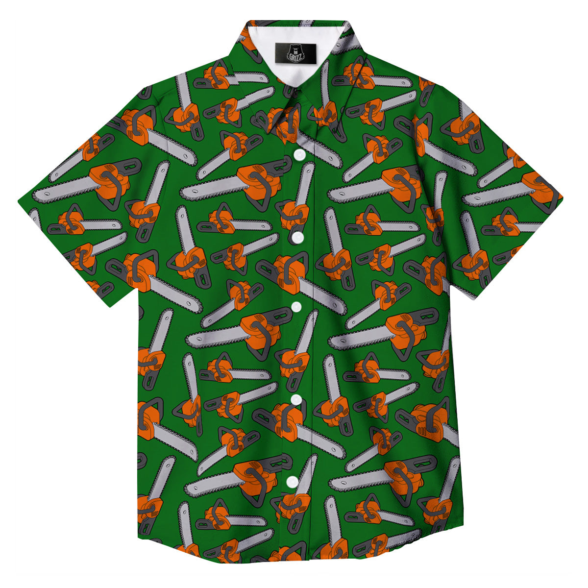 Green Chainsaw Print Pattern Button Up Shirt-grizzshop