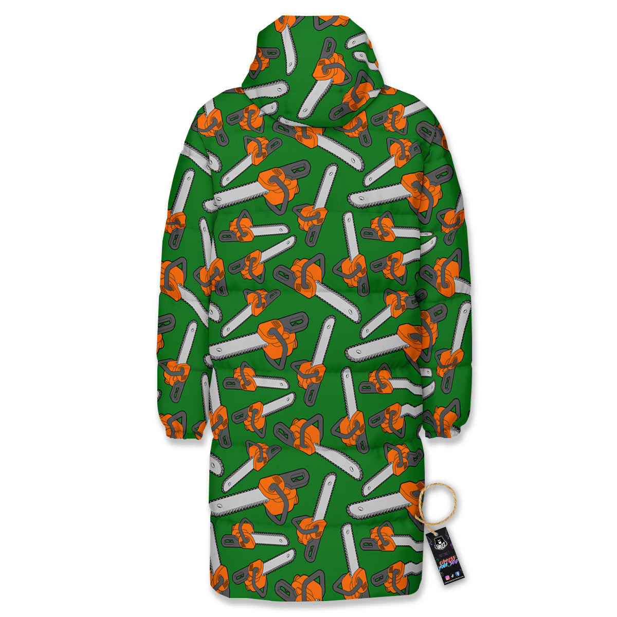 Green Chainsaw Print Pattern Long Down Jacket-grizzshop