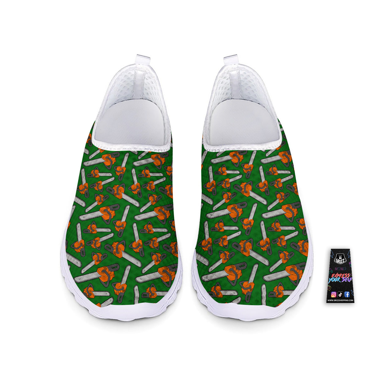 Green Chainsaw Print Pattern Nurse Shoes-grizzshop