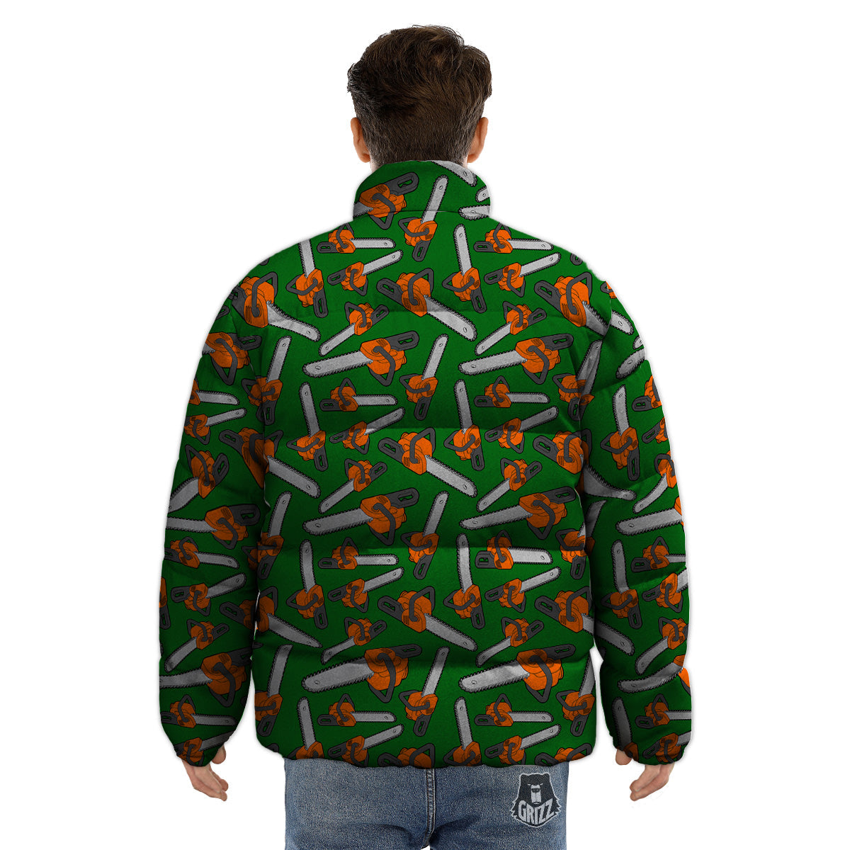 Green Chainsaw Print Pattern Puffer Jacket-grizzshop
