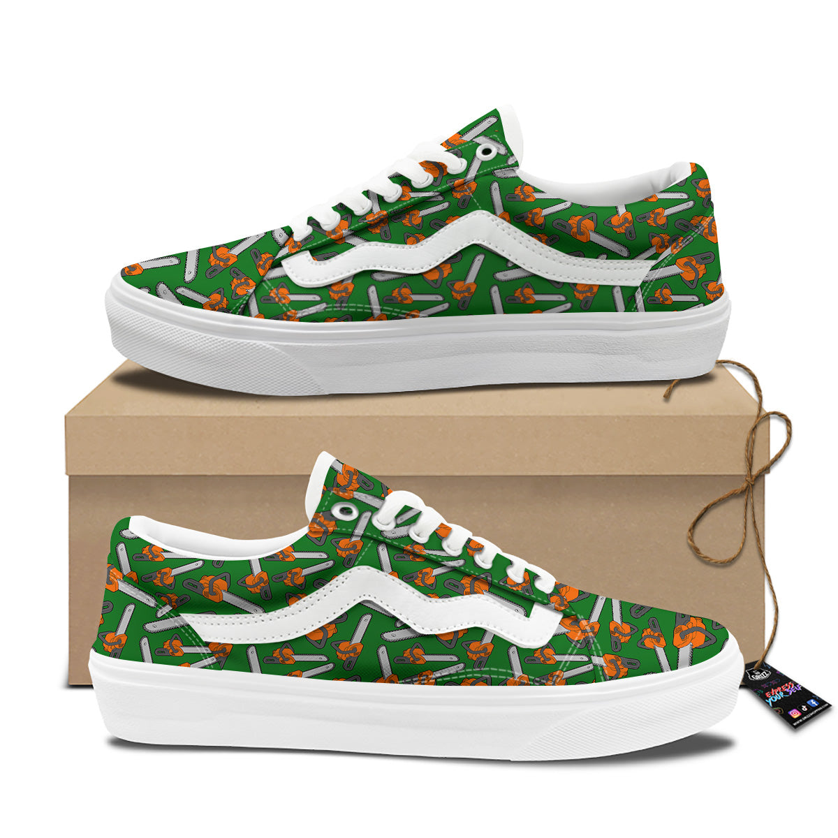 Green Chainsaw Print Pattern Skate Shoes-grizzshop