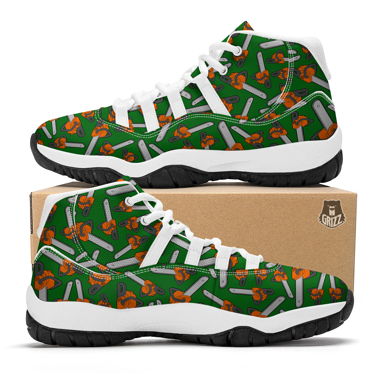 Green Chainsaw Print Pattern White Bball Shoes-grizzshop