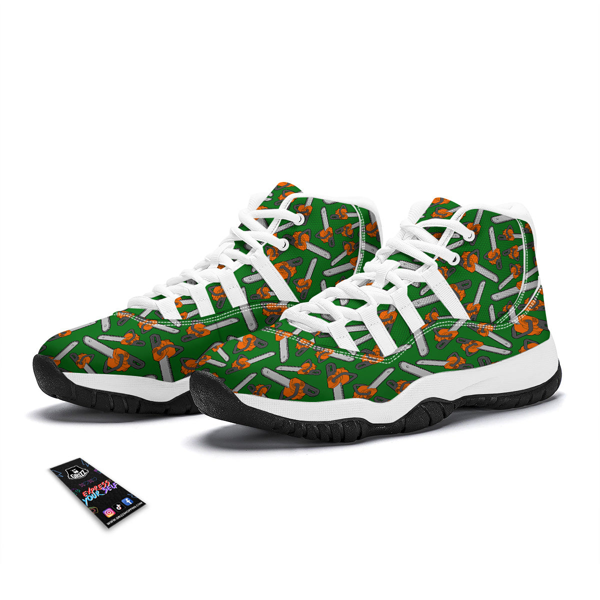 Green Chainsaw Print Pattern White Bball Shoes-grizzshop