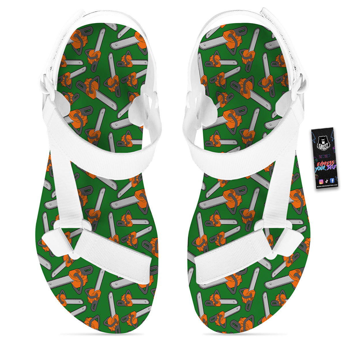 Green Chainsaw Print Pattern White Open Toe Sandals-grizzshop