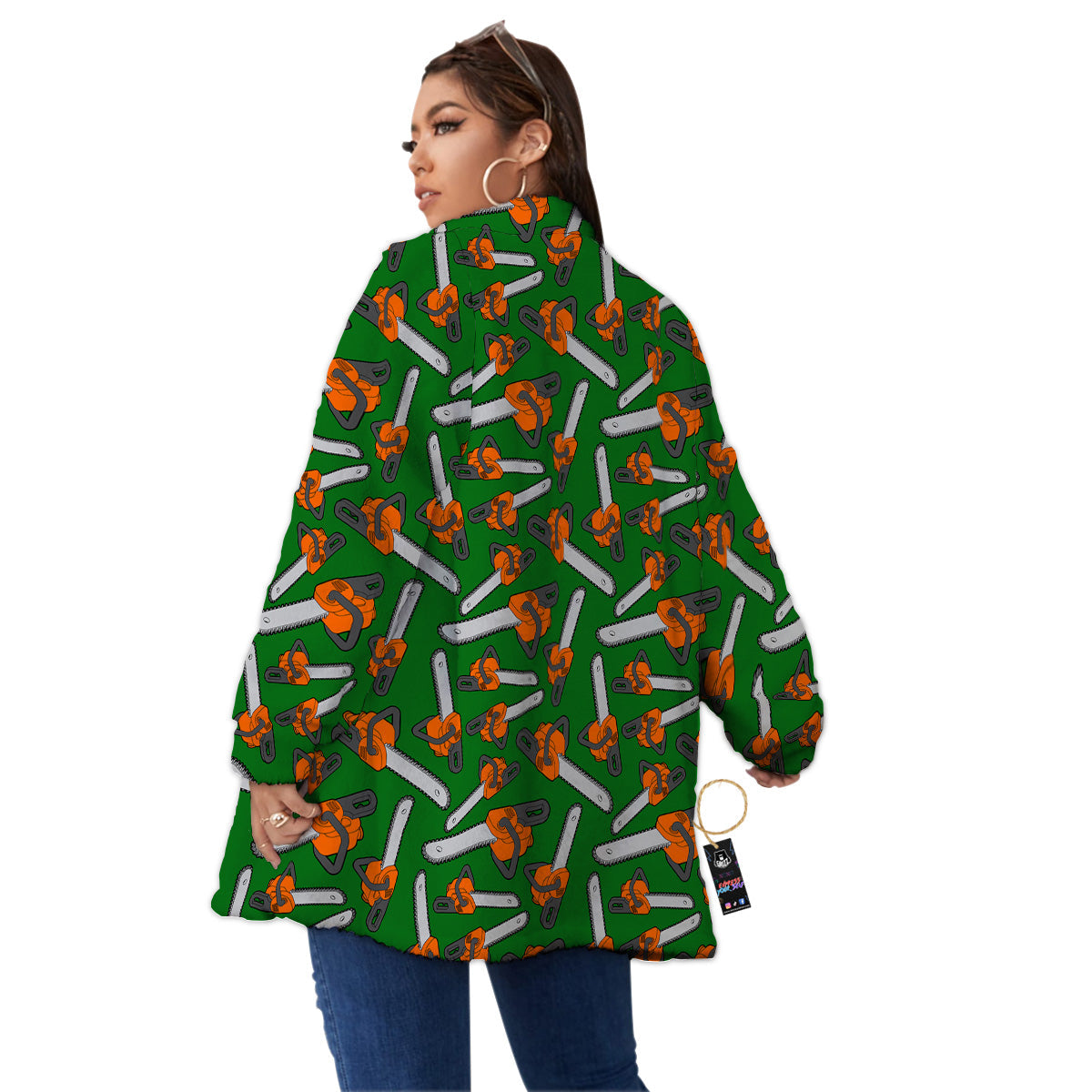 Green Chainsaw Print Pattern Women's Sherpa Jacket-grizzshop