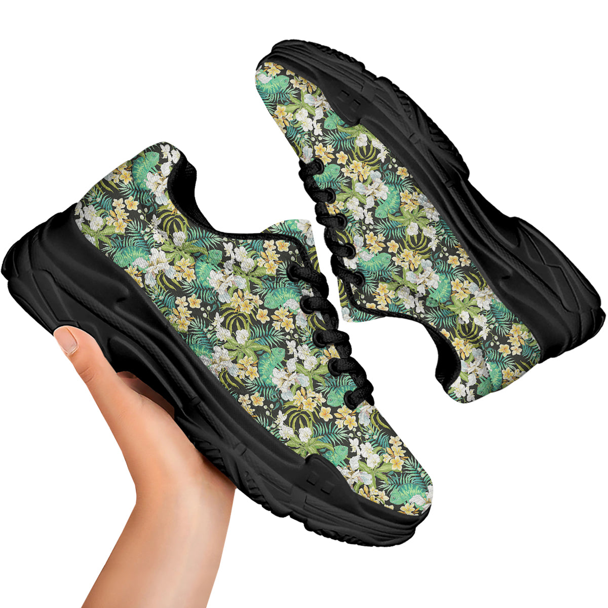 Green Chameleon And Flowers Plumeria Orchid Print Pattern Black Chunky Shoes-grizzshop