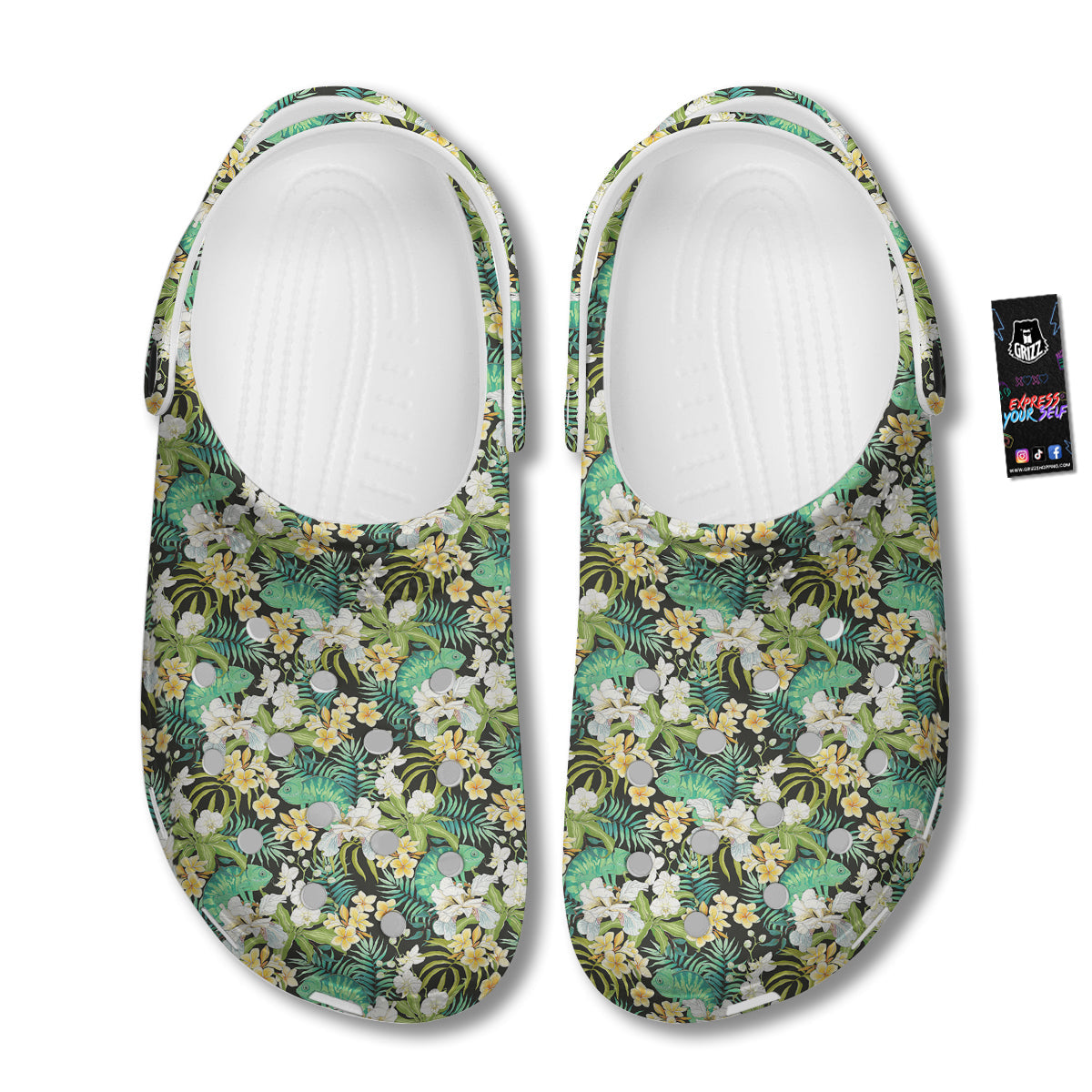 Green Chameleon And Flowers Plumeria Orchid Print Pattern Clog-grizzshop