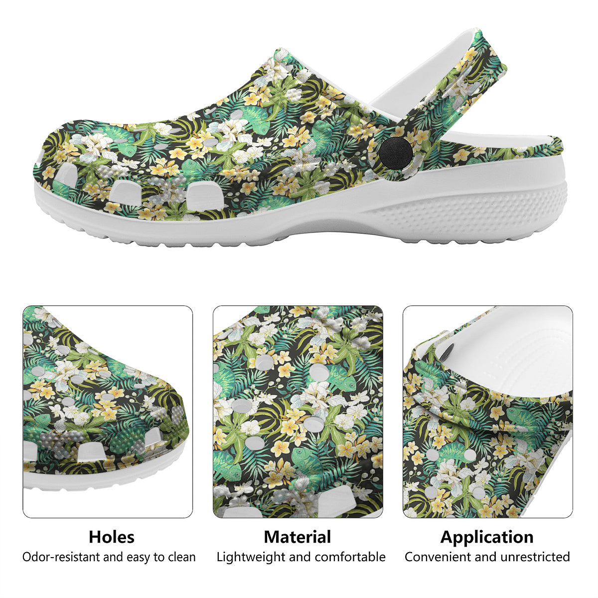 Green Chameleon And Flowers Plumeria Orchid Print Pattern Clog-grizzshop