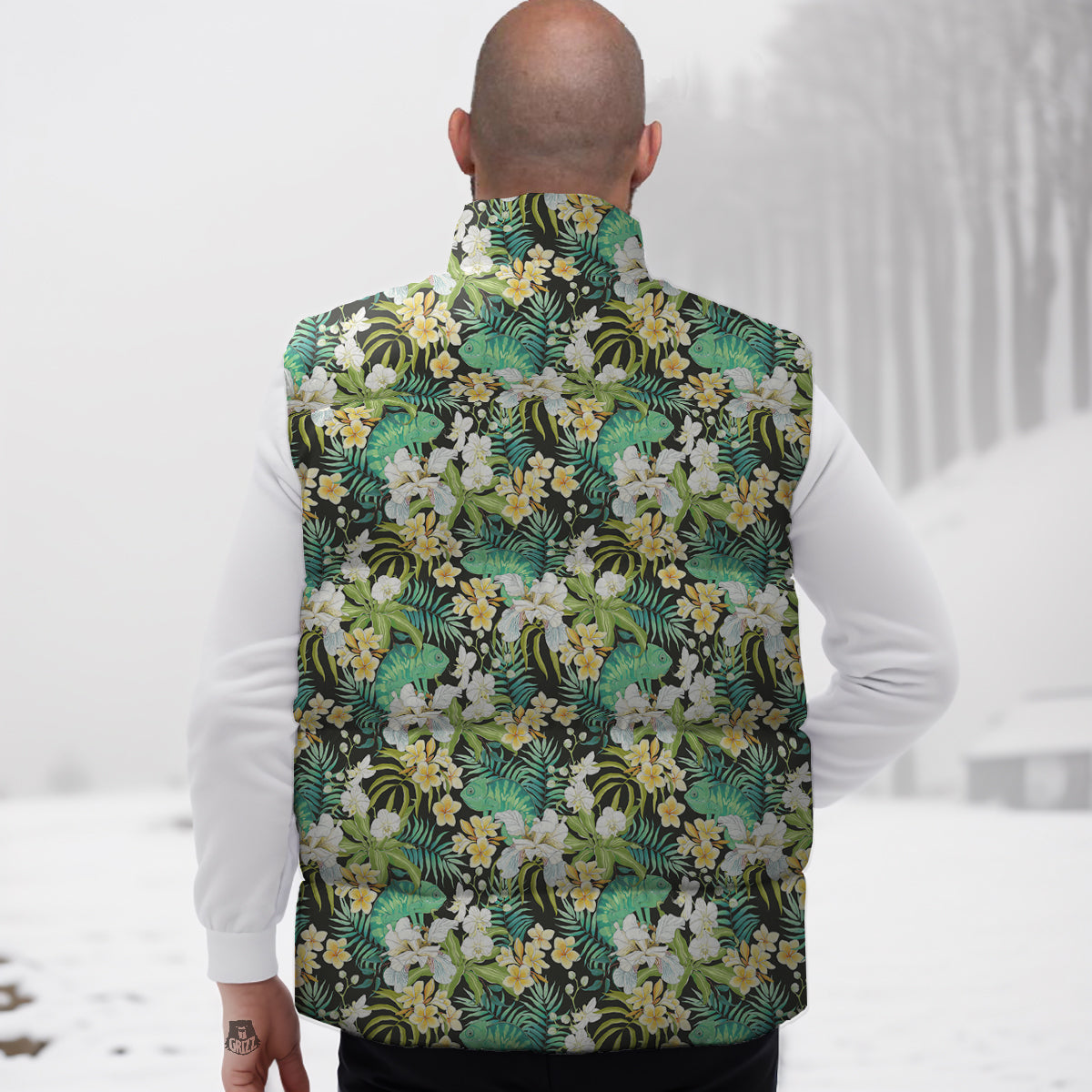 Green Chameleon And Flowers Plumeria Orchid Print Pattern Down Vest-grizzshop