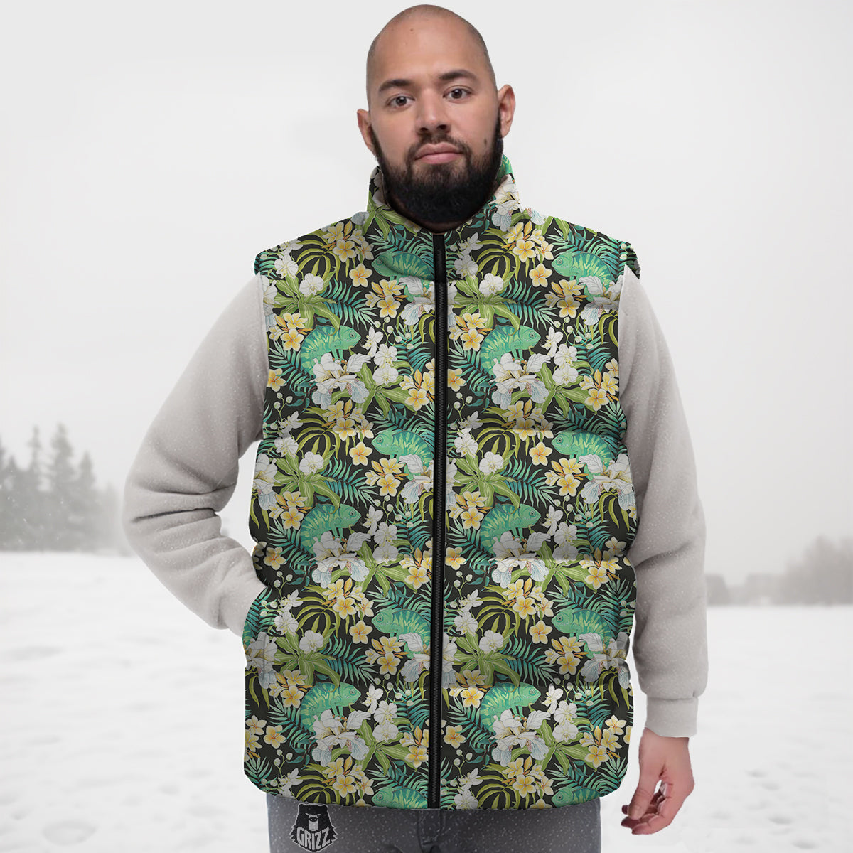 Green Chameleon And Flowers Plumeria Orchid Print Pattern Down Vest