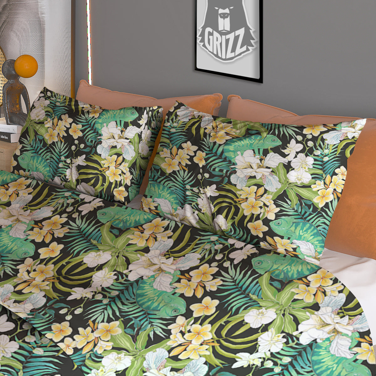 Green Chameleon And Flowers Plumeria Orchid Print Pattern Duvet Cover Bedding Set-grizzshop