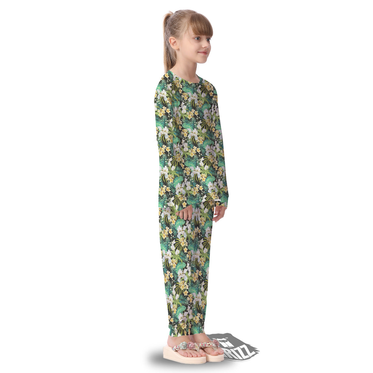 Green Chameleon And Flowers Plumeria Orchid Print Pattern Kid's Pajamas-grizzshop