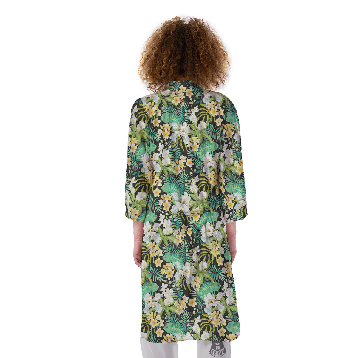 Green Chameleon And Flowers Plumeria Orchid Print Pattern Kimono-grizzshop