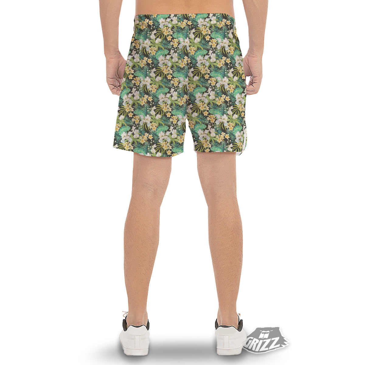 Green Chameleon And Flowers Plumeria Orchid Print Pattern Men's Gym Shorts-grizzshop