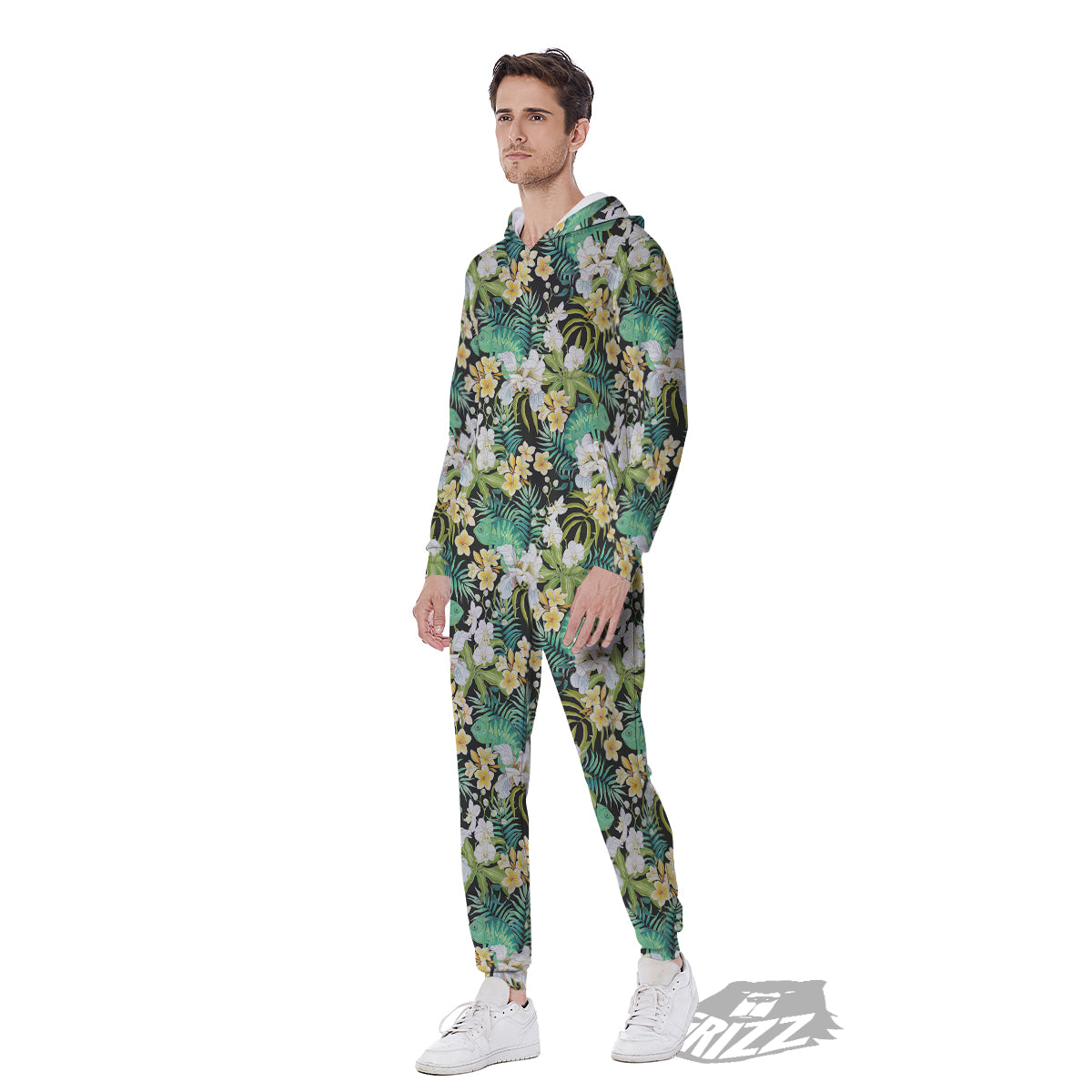 Green Chameleon And Flowers Plumeria Orchid Print Pattern Men's Jumpsuit-grizzshop