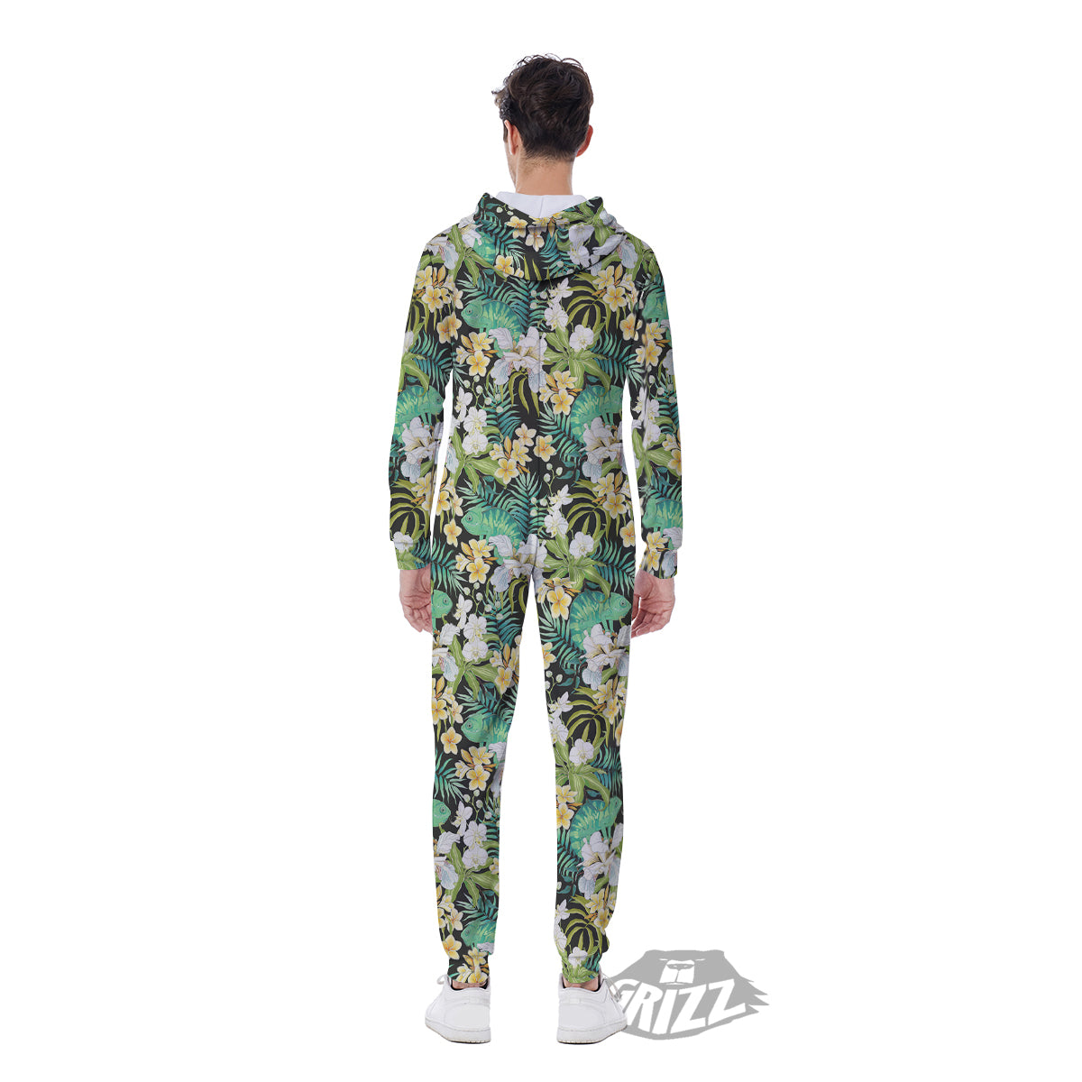 Green Chameleon And Flowers Plumeria Orchid Print Pattern Men's Jumpsuit-grizzshop
