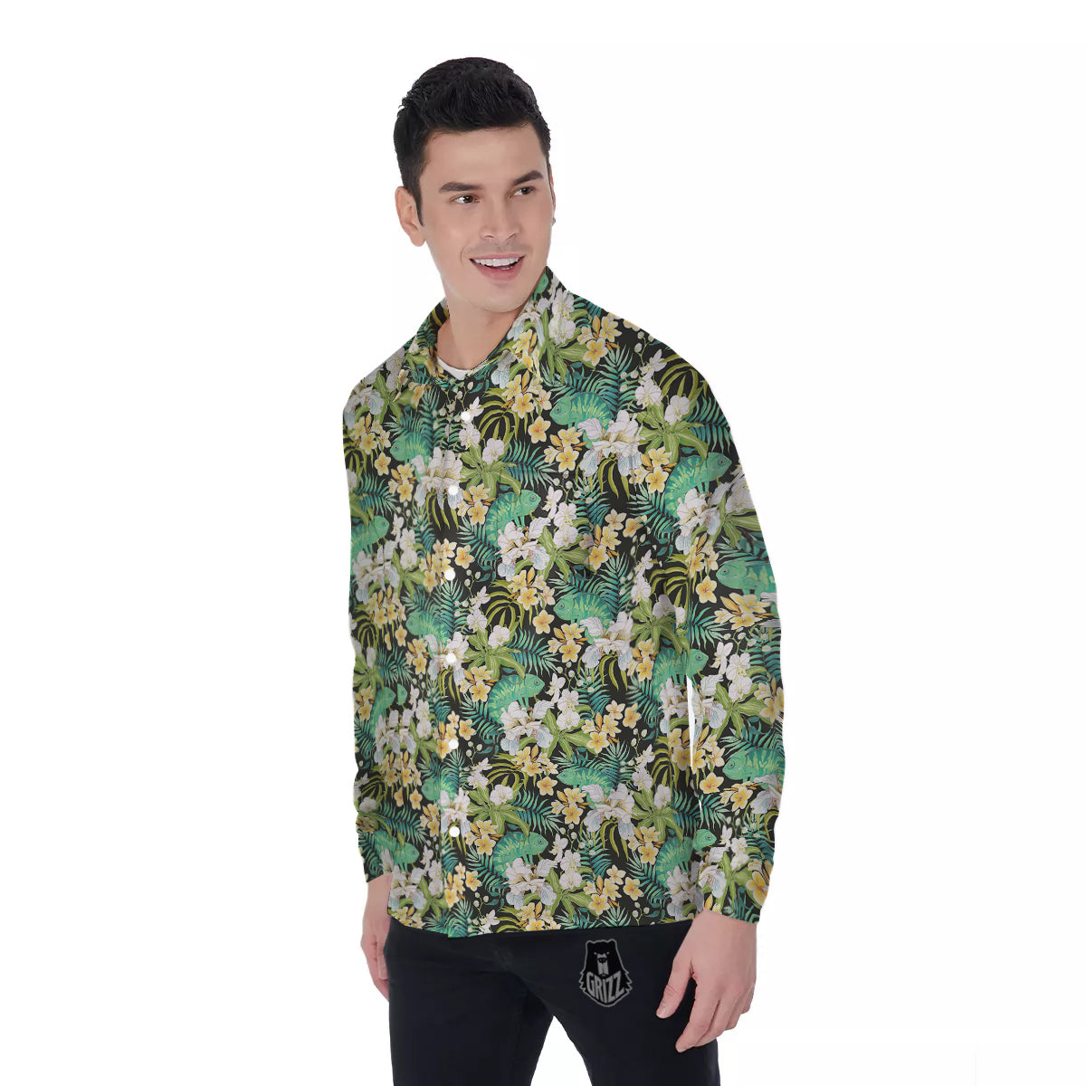 Green Chameleon And Flowers Plumeria Orchid Print Pattern Men's Long Sleeve Shirts-grizzshop