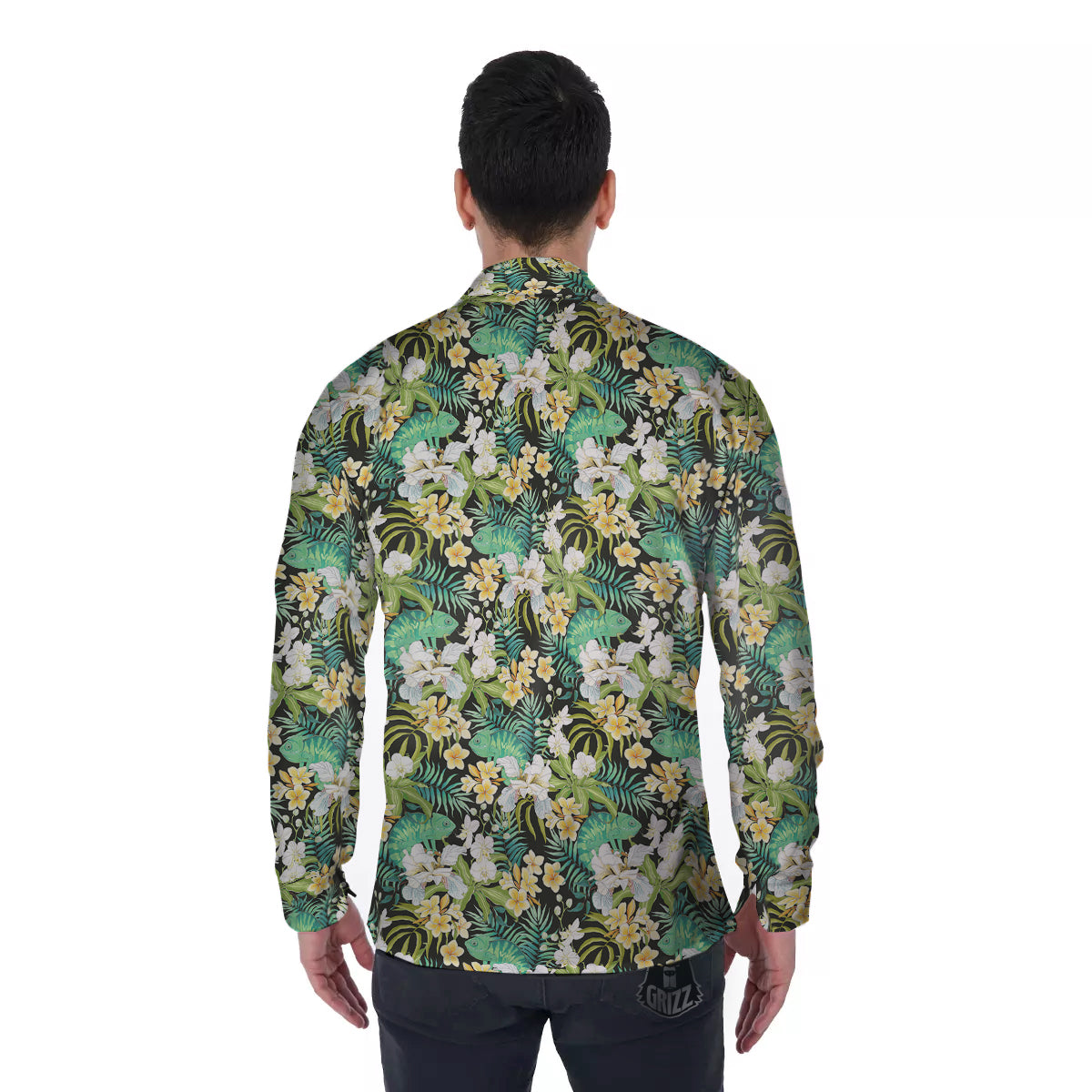 Green Chameleon And Flowers Plumeria Orchid Print Pattern Men's Long Sleeve Shirts-grizzshop