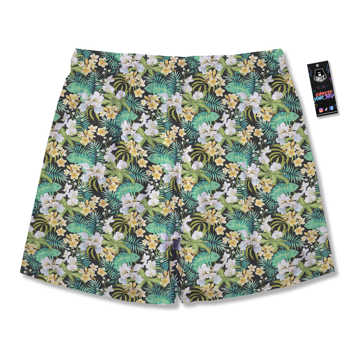 Green Chameleon And Flowers Plumeria Orchid Print Pattern Men's Running Shorts-grizzshop