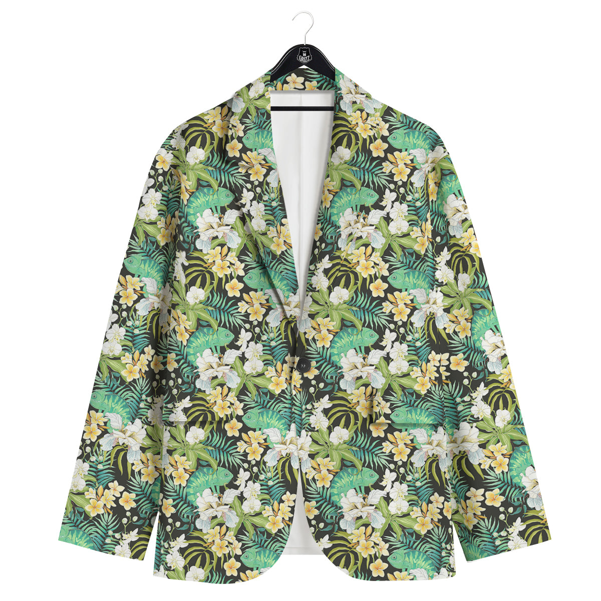 Green Chameleon And Flowers Plumeria Orchid Print Pattern Men's Sport Coat-grizzshop