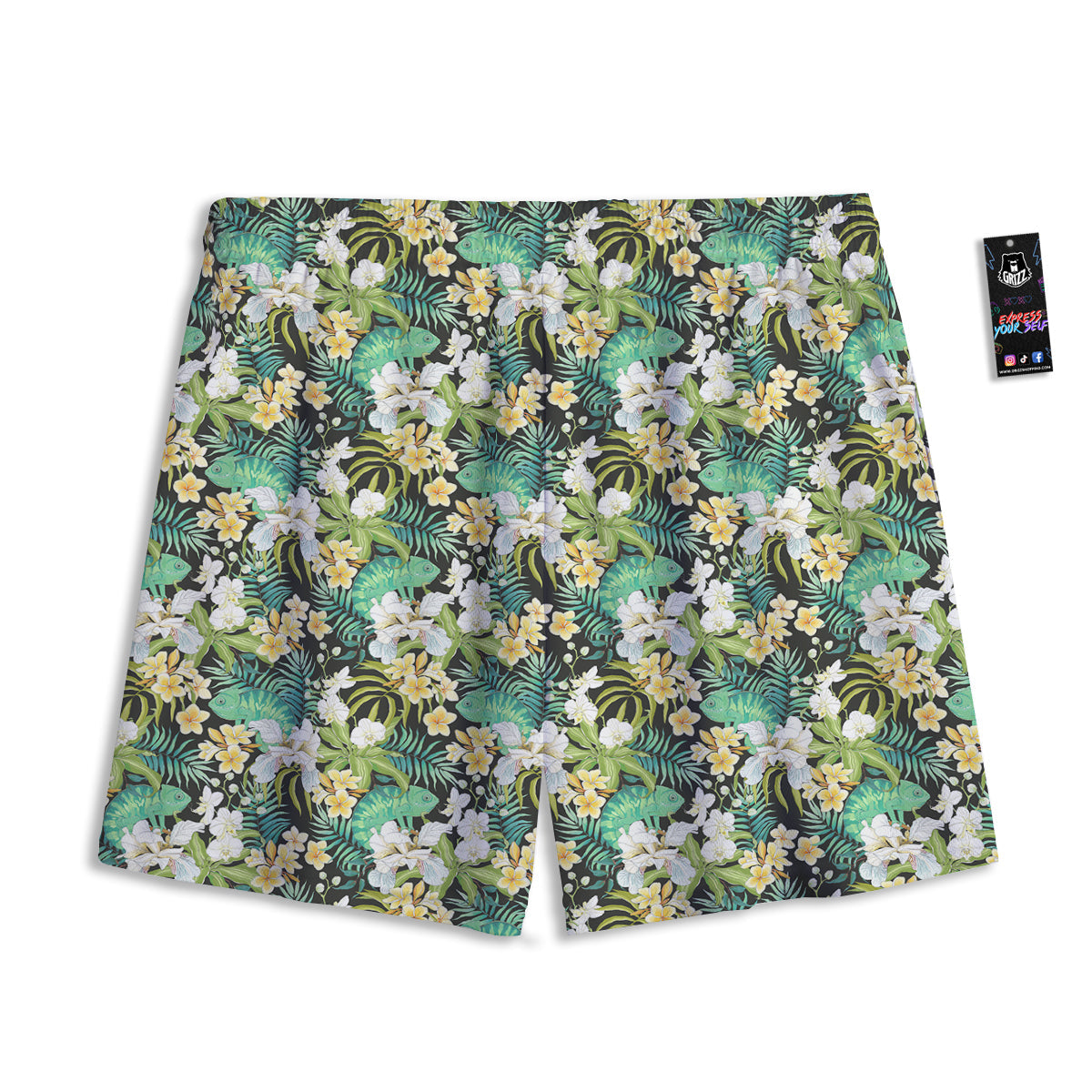 Green Chameleon And Flowers Plumeria Orchid Print Pattern Mesh Shorts-grizzshop