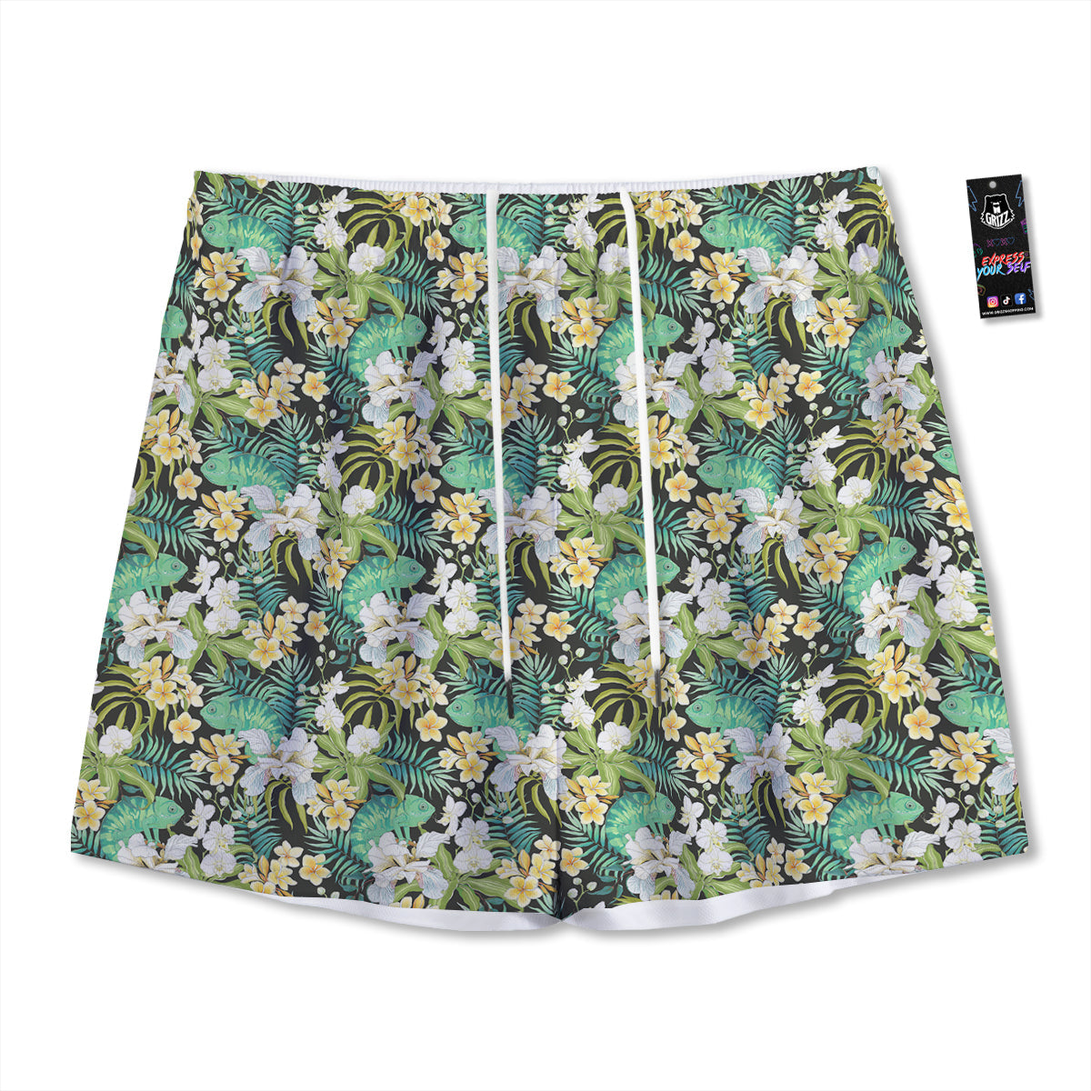 Green Chameleon And Flowers Plumeria Orchid Print Pattern Mesh Shorts-grizzshop
