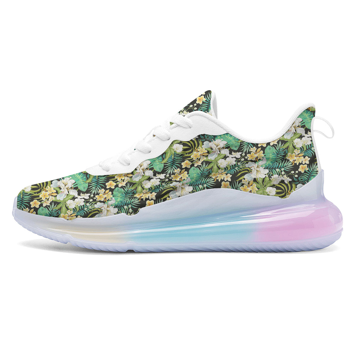 Green Chameleon And Flowers Plumeria Orchid Print Pattern Running Sneakers-grizzshop