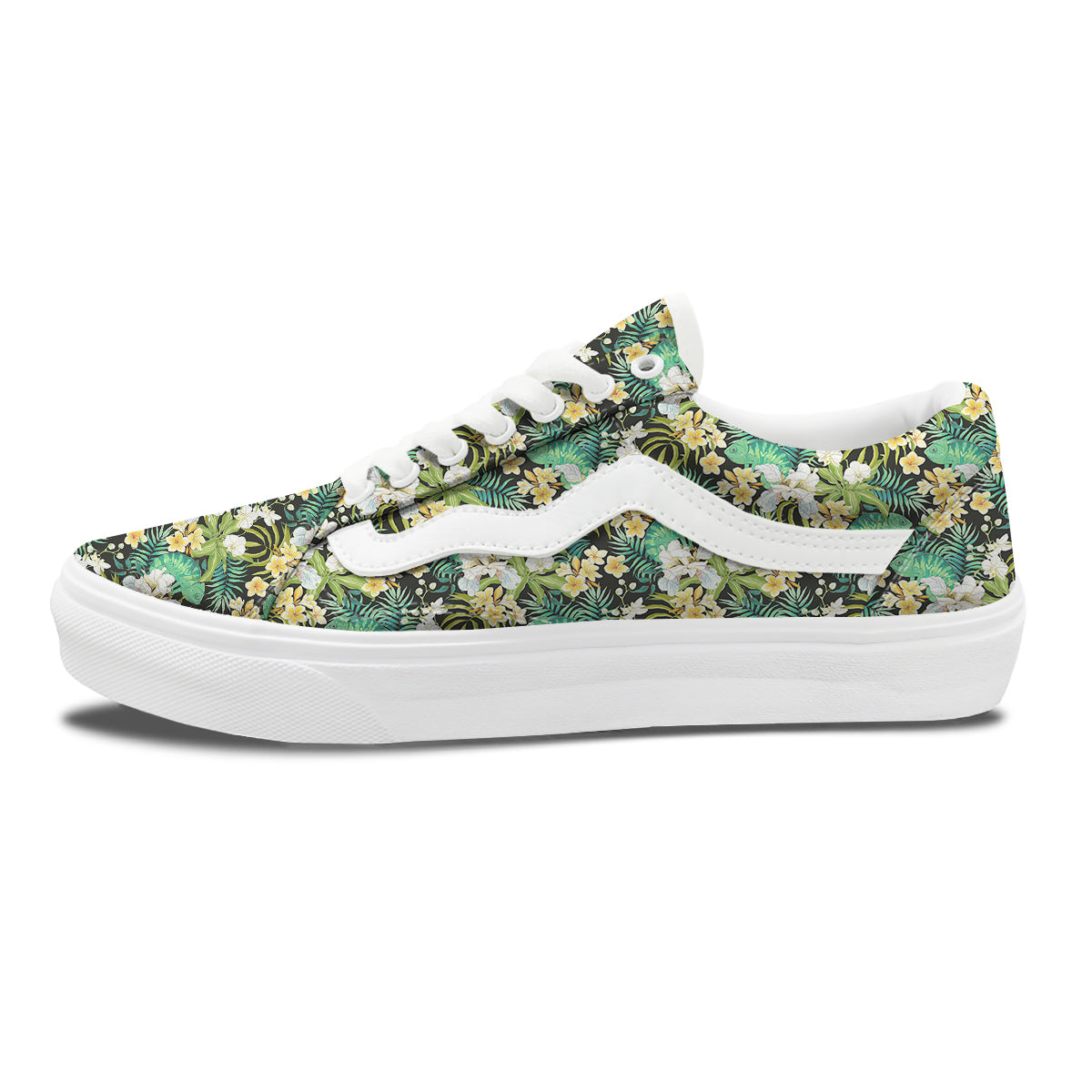 Green Chameleon And Flowers Plumeria Orchid Print Pattern Skate Shoes-grizzshop