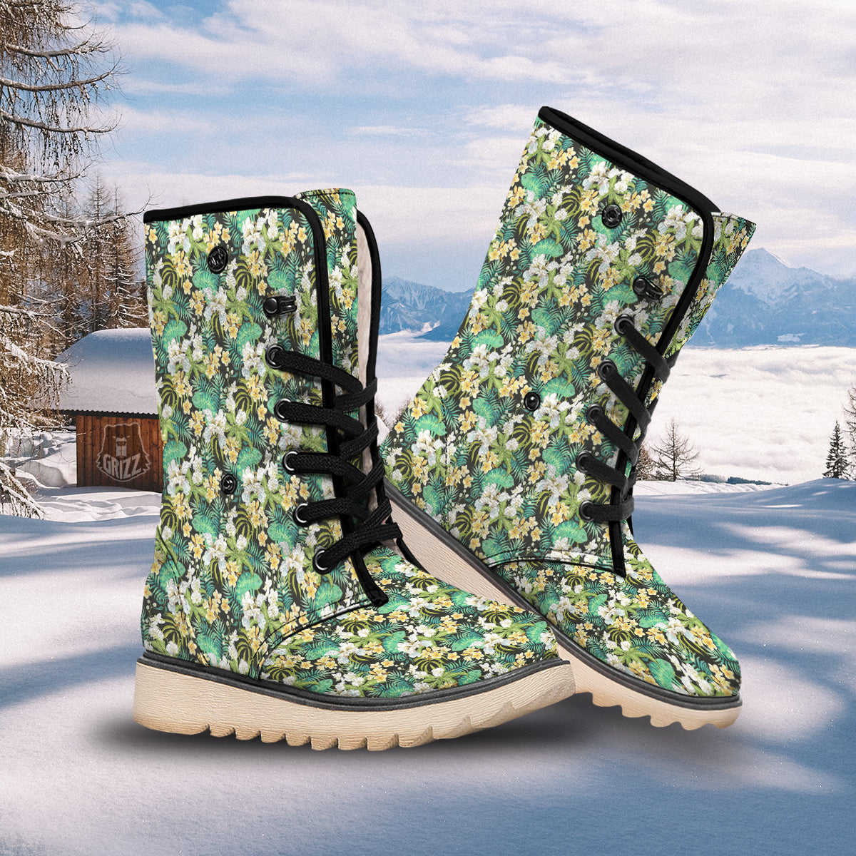 Green Chameleon And Flowers Plumeria Orchid Print Pattern Snow Boots-grizzshop