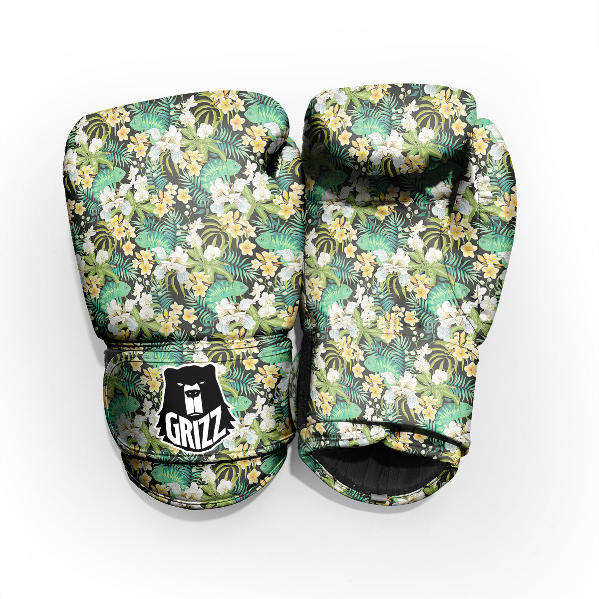 Green Chameleon And Flowers Plumeria Orchid Print Pattern Sparring Gloves-grizzshop
