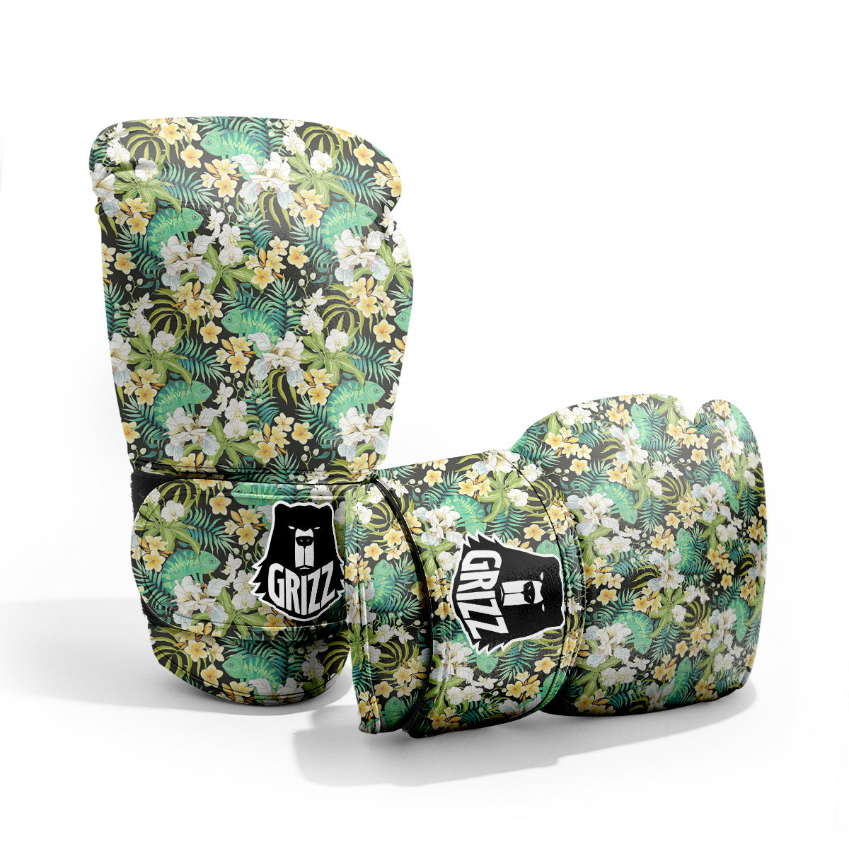 Green Chameleon And Flowers Plumeria Orchid Print Pattern Sparring Gloves-grizzshop