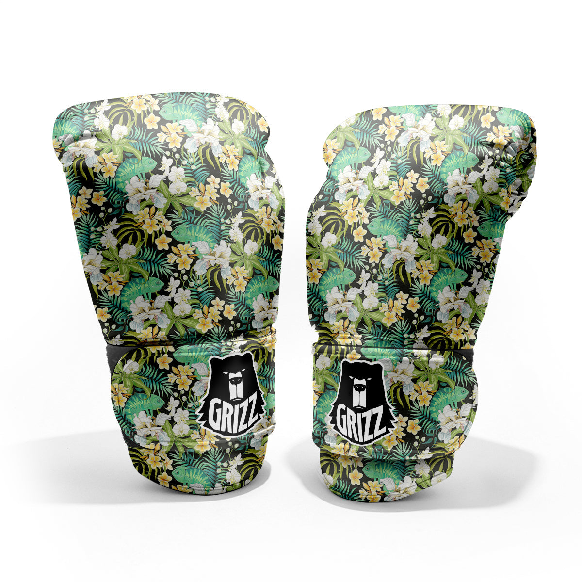 Green Chameleon And Flowers Plumeria Orchid Print Pattern Sparring Gloves-grizzshop