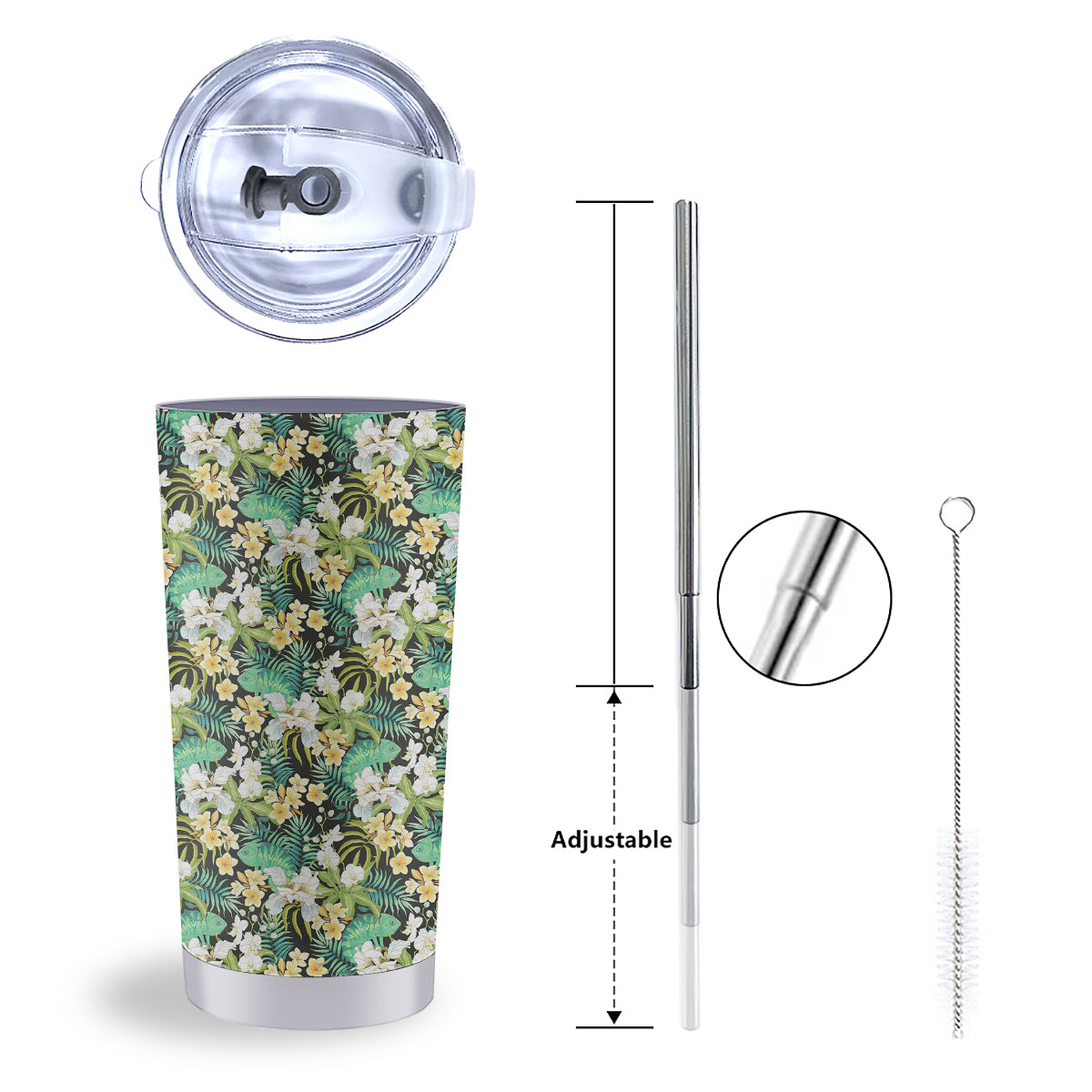 Green Chameleon And Flowers Plumeria Orchid Print Pattern Tumbler-grizzshop