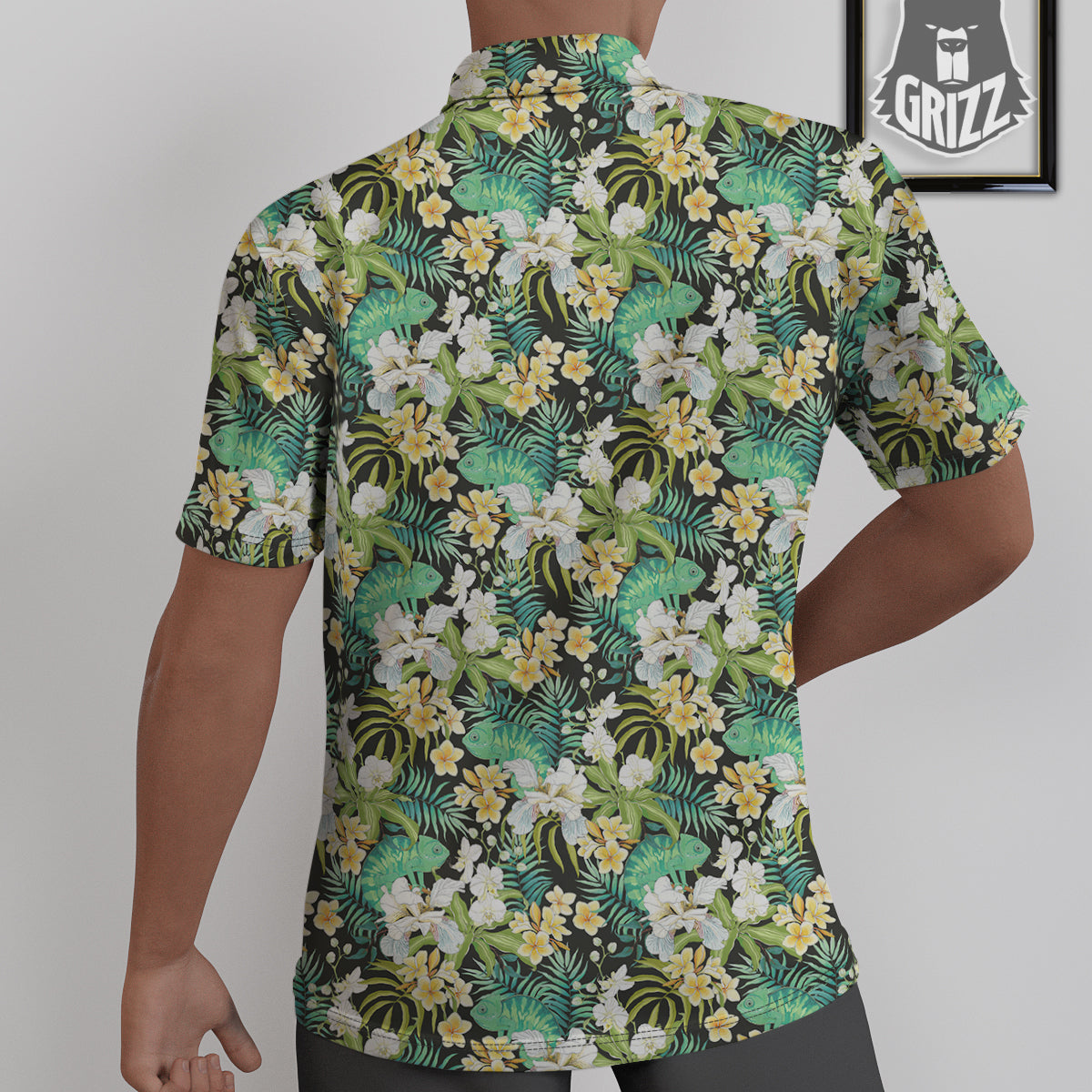 Green Chameleon And Flowers Plumeria Orchid Print Pattern Untucked Shirts-grizzshop