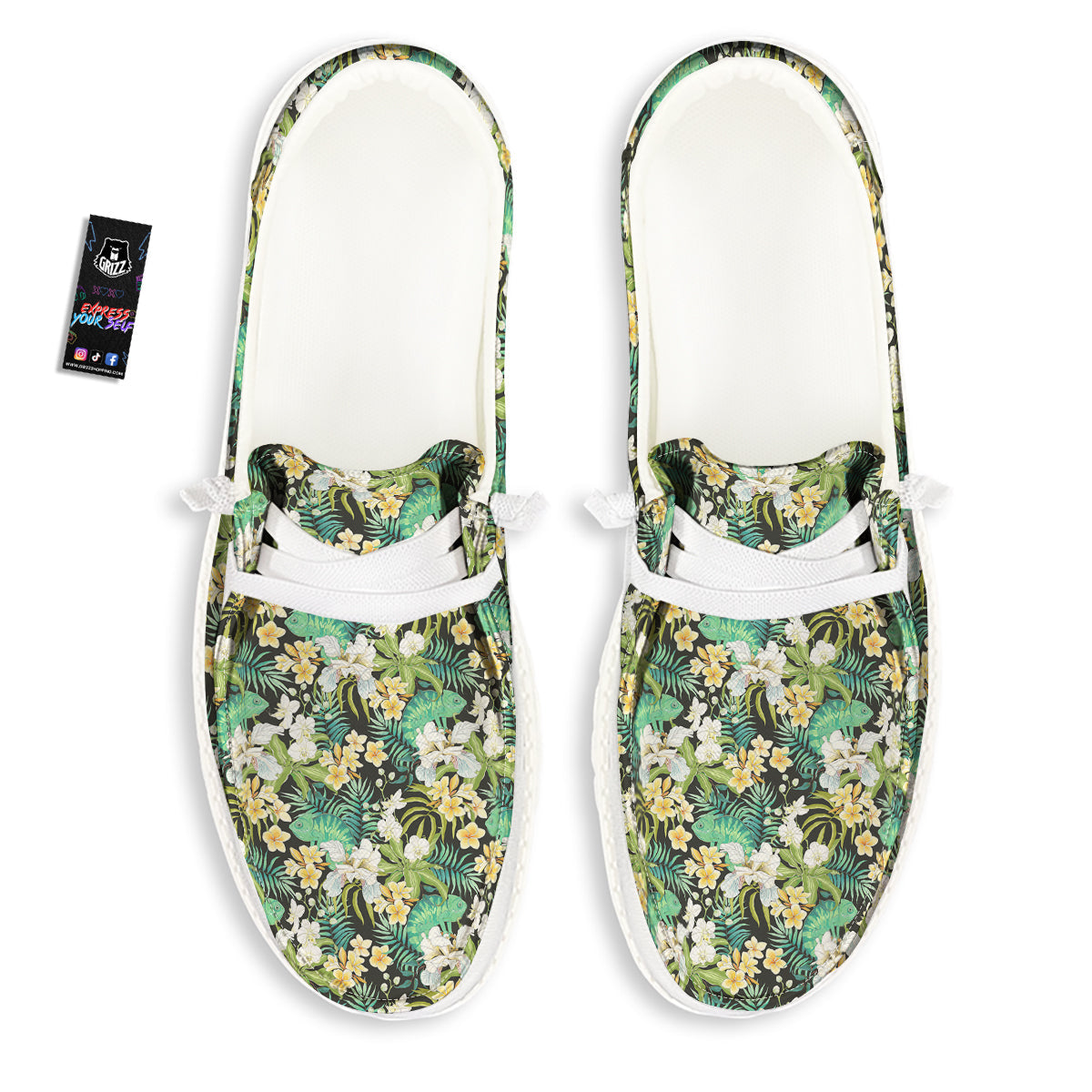Green Chameleon And Flowers Plumeria Orchid Print Pattern White Loafers-grizzshop
