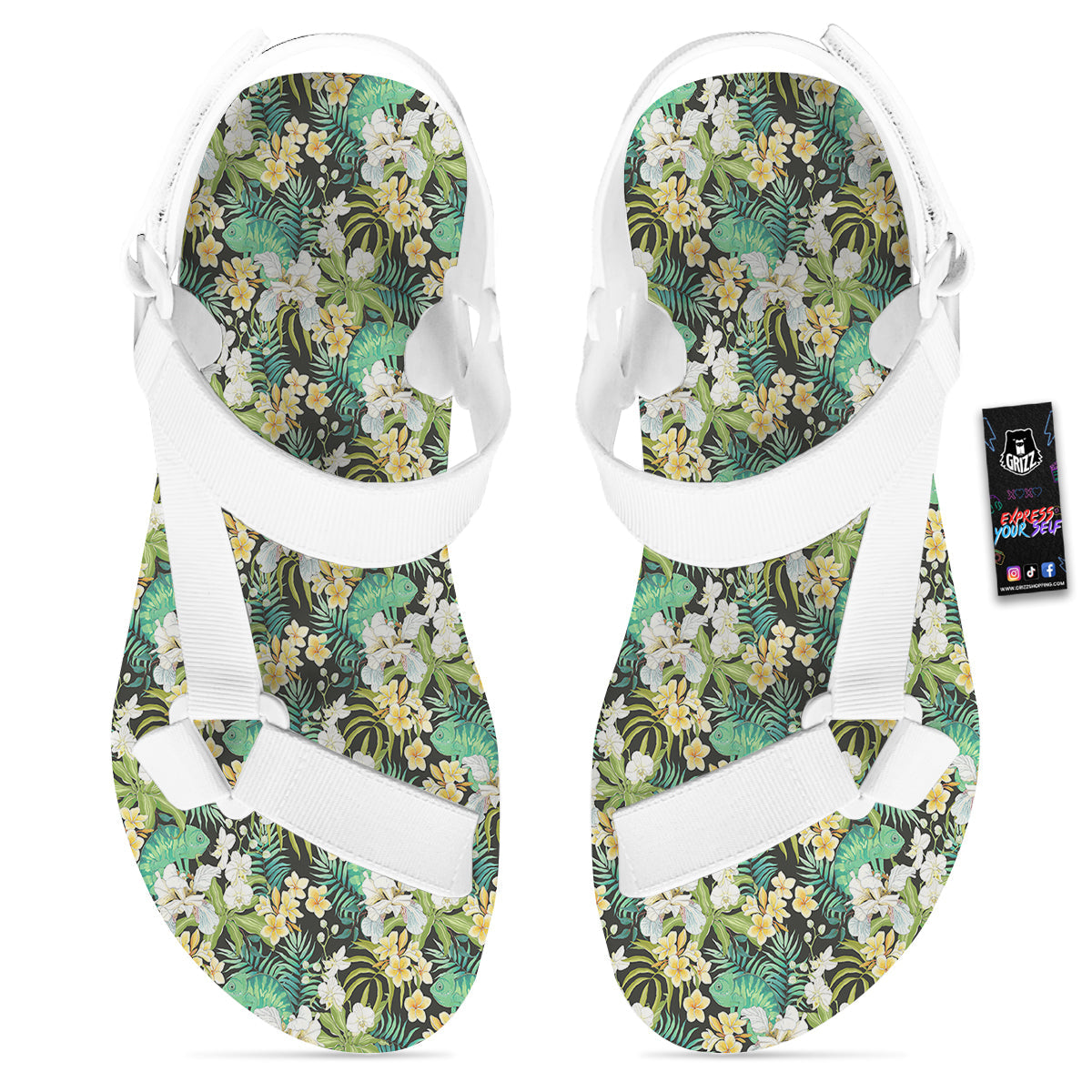 Green Chameleon And Flowers Plumeria Orchid Print Pattern White Open Toe Sandals-grizzshop