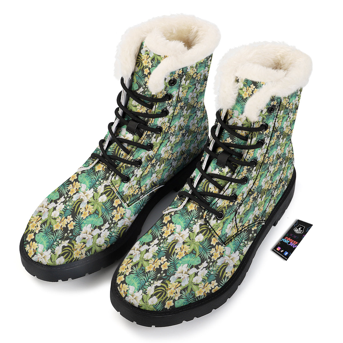 Green Chameleon And Flowers Plumeria Orchid Print Pattern Winter Boots-grizzshop