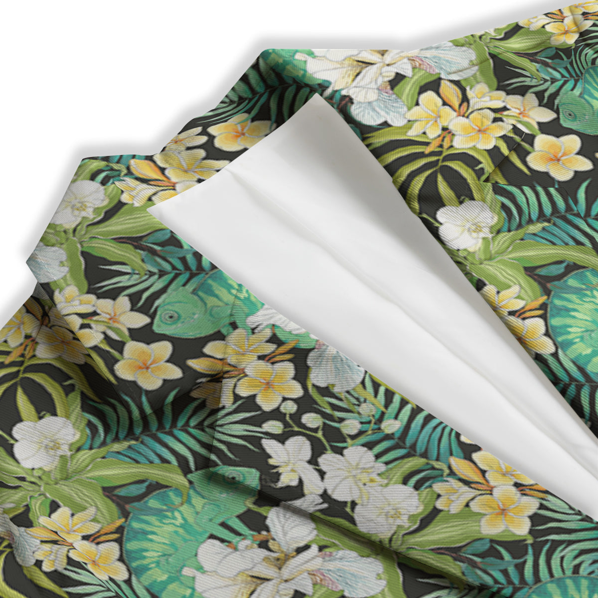 Green Chameleon And Flowers Plumeria Orchid Print Pattern Women's Blazer-grizzshop