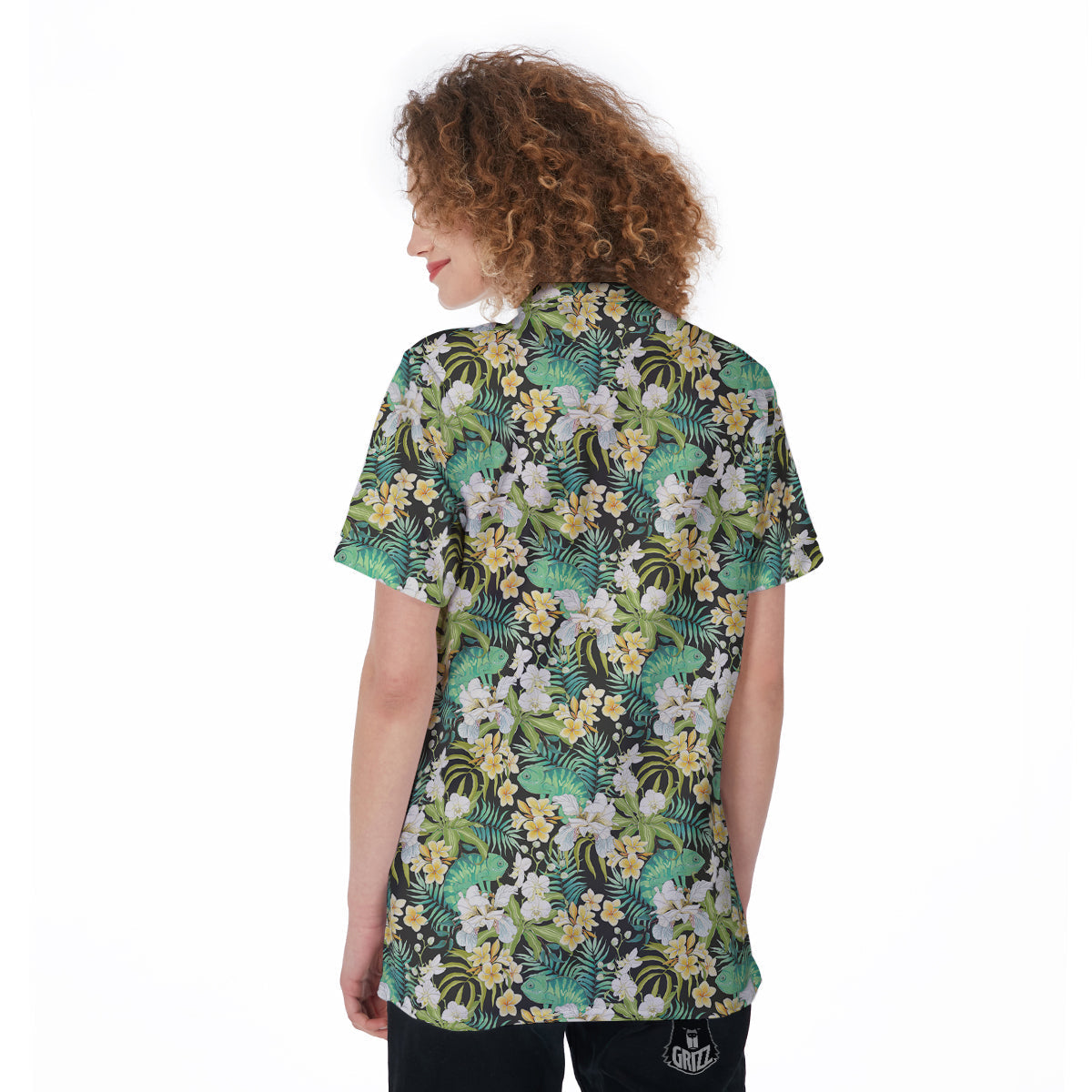 Green Chameleon And Flowers Plumeria Orchid Print Pattern Women's Golf Shirts-grizzshop