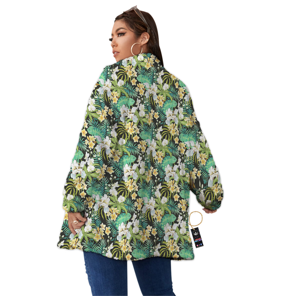 Green Chameleon And Flowers Plumeria Orchid Print Pattern Women's Sherpa Jacket-grizzshop