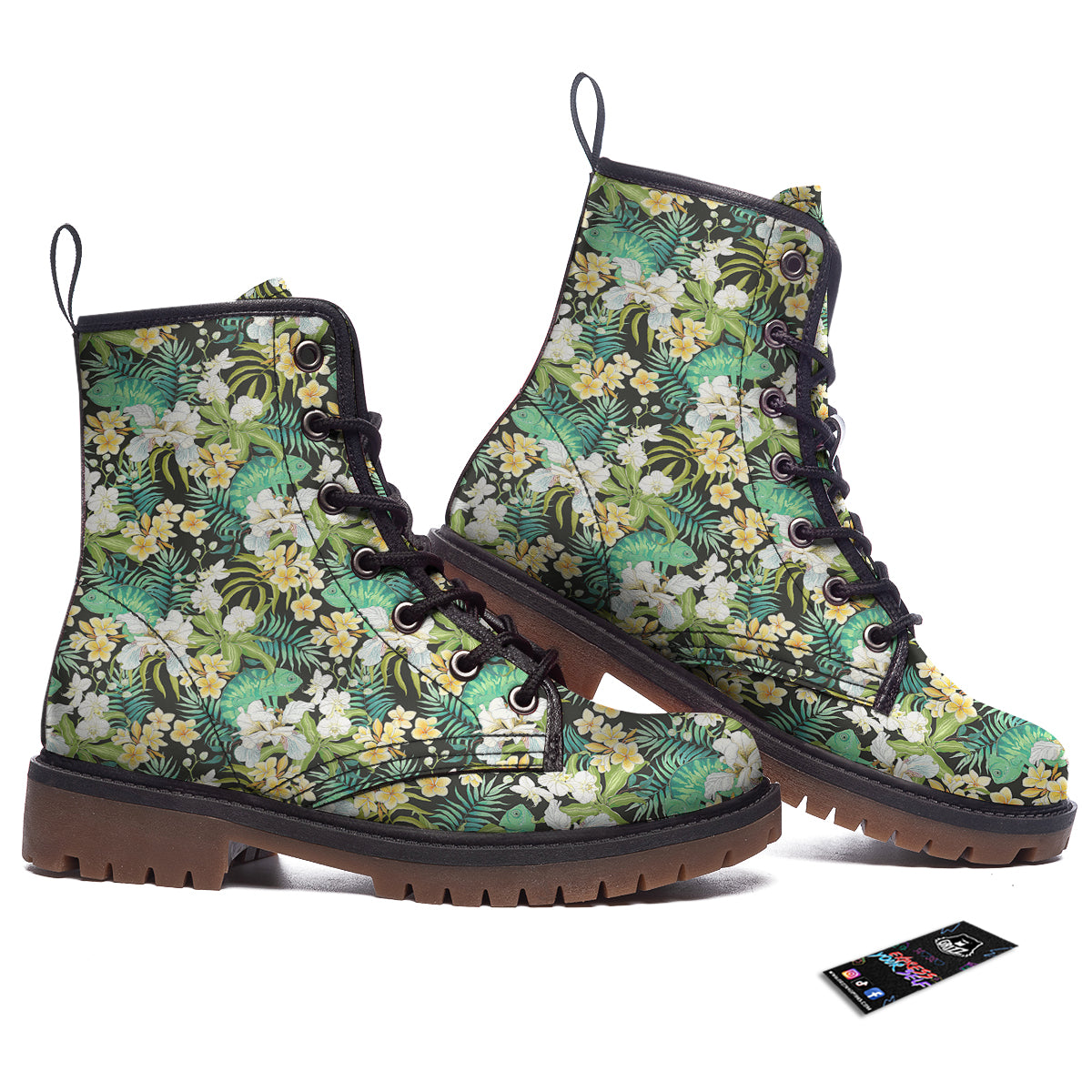 Green Chameleon And Flowers Plumeria Orchid Print Pattern Work Boots-grizzshop