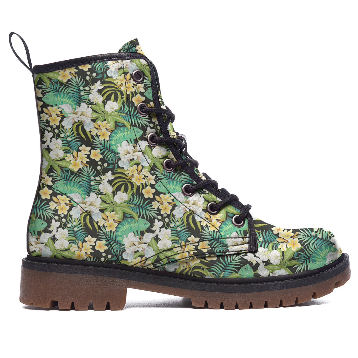 Green Chameleon And Flowers Plumeria Orchid Print Pattern Work Boots-grizzshop