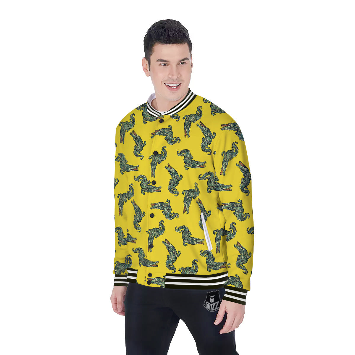 Green Crocodile And Yellow Print Pattern Baseball Jacket-grizzshop