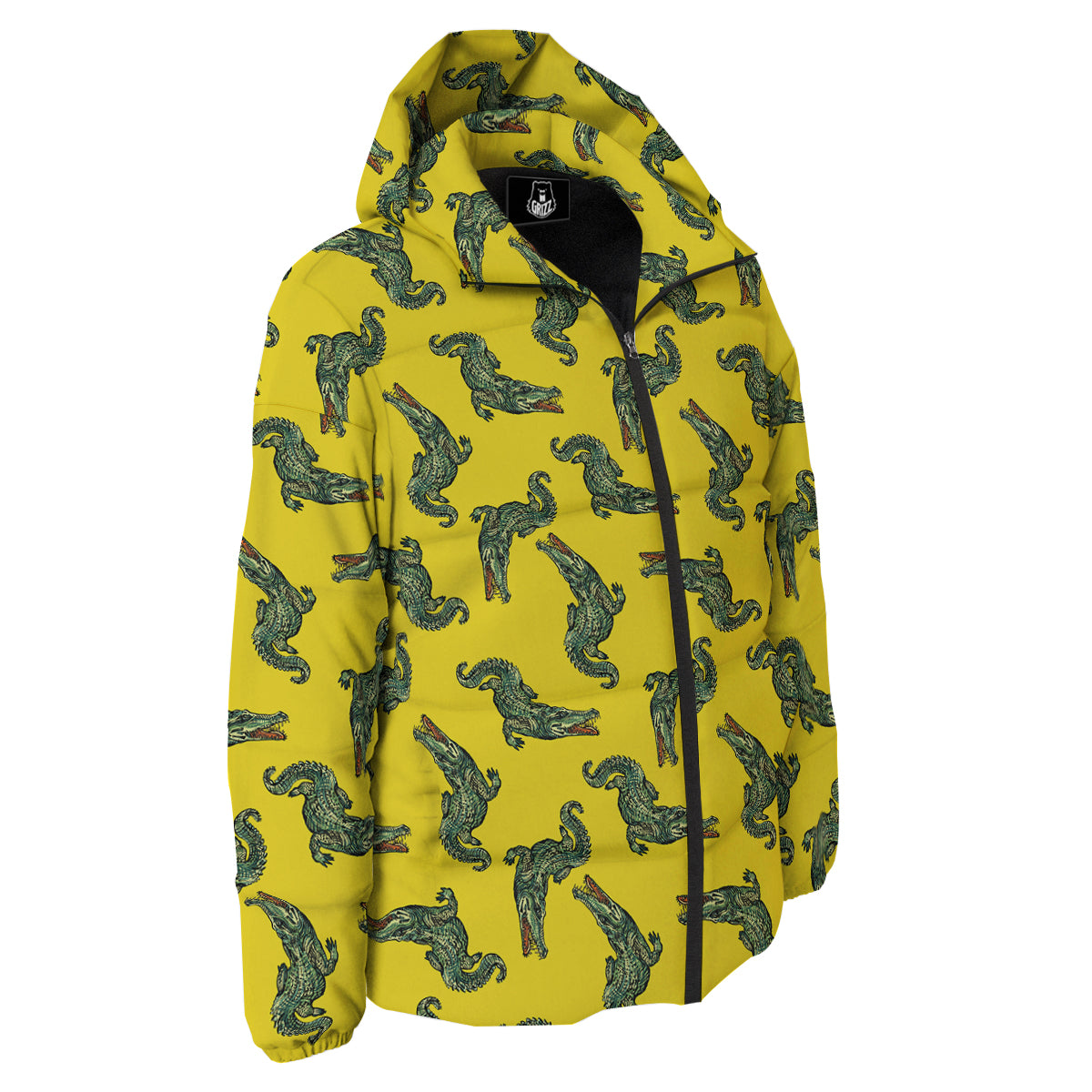 Green Crocodile And Yellow Print Pattern Down Jacket-grizzshop