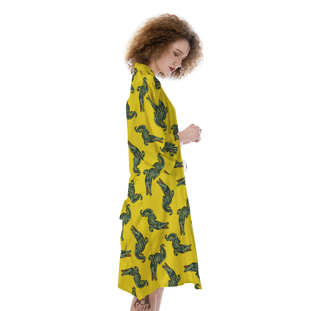 Green Crocodile And Yellow Print Pattern Kimono-grizzshop