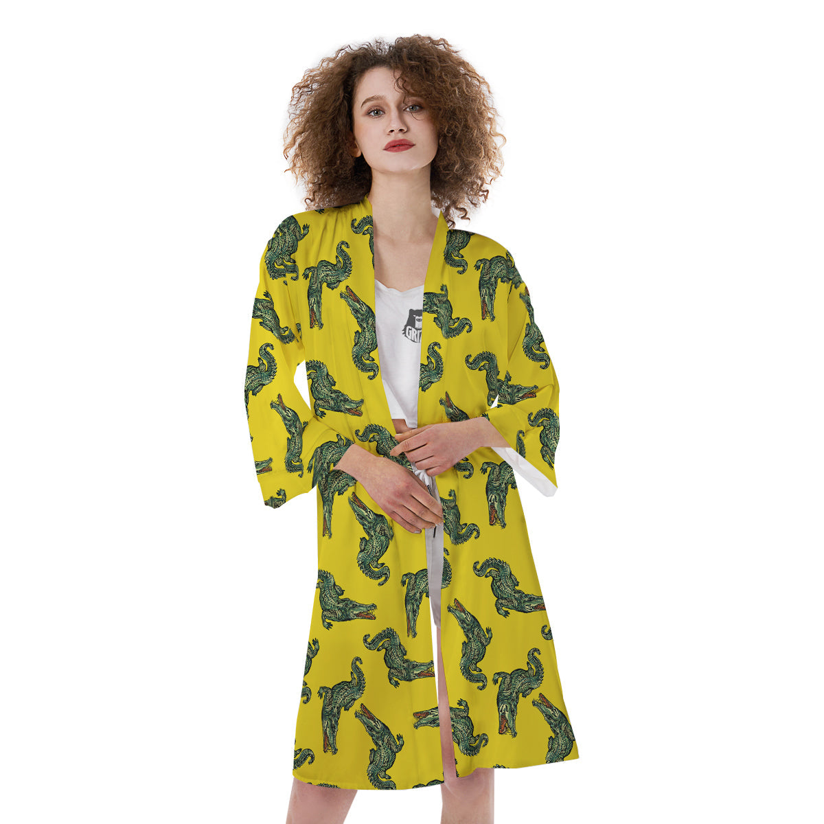Green Crocodile And Yellow Print Pattern Kimono-grizzshop
